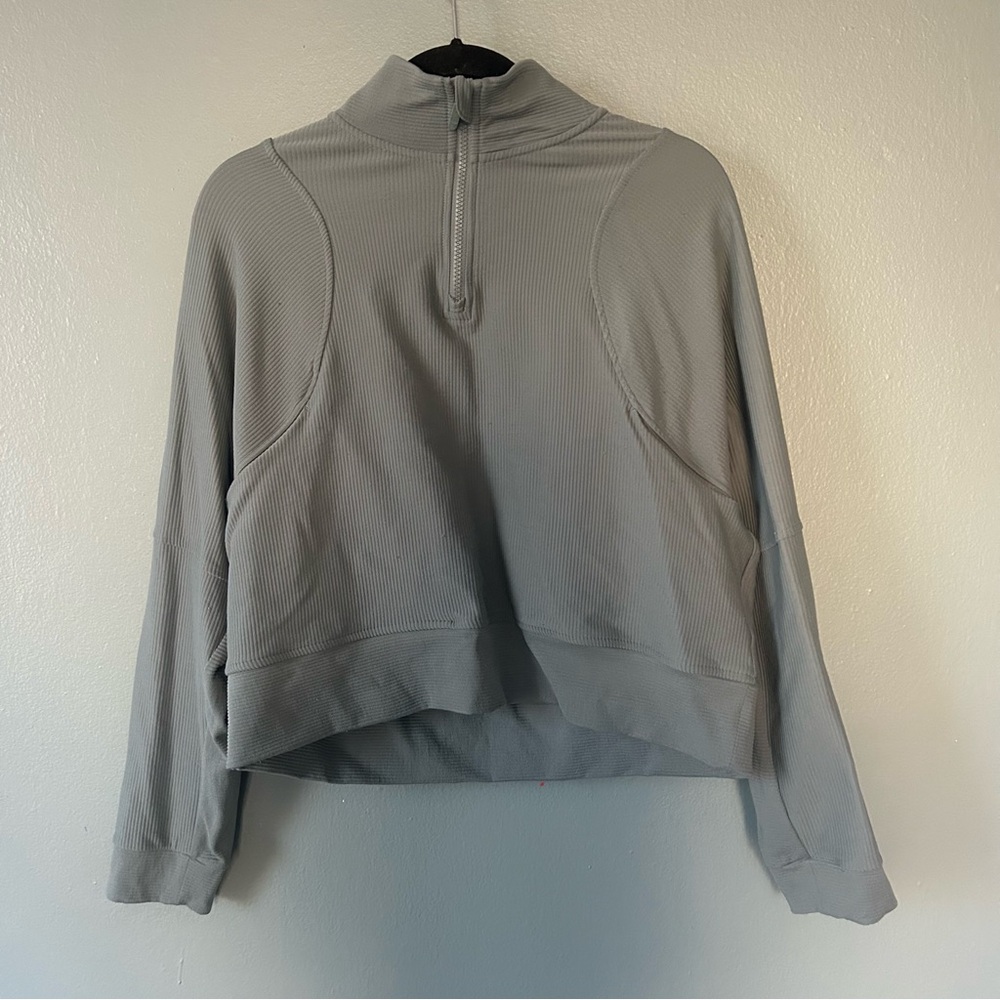 Zella Light Gray Ribbed Quarter-Zip Pullover